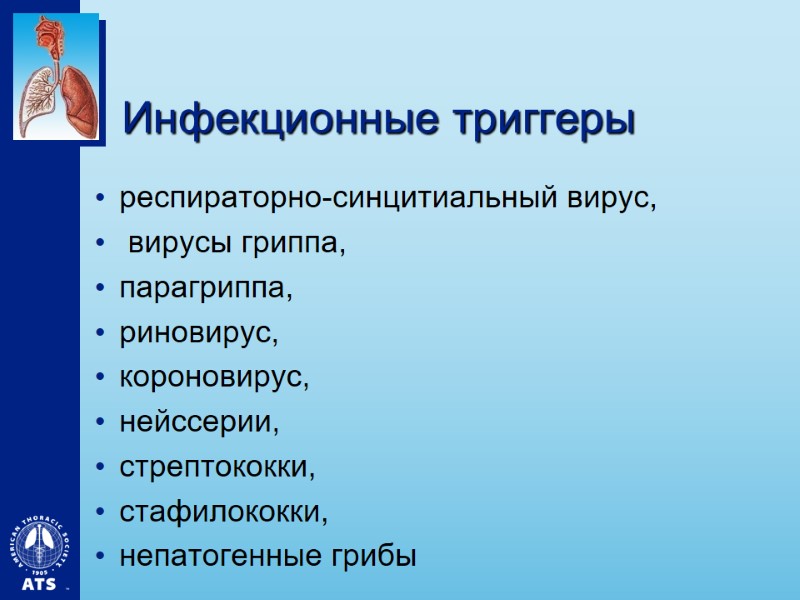 Инфекционные триггеры респираторно-синцитиальный вирус,  вирусы гриппа,  парагриппа,  риновирус,  короновирус, 